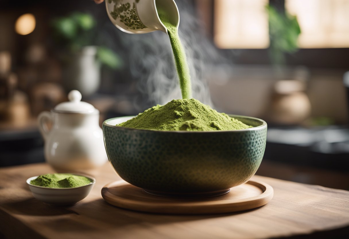 A bamboo whisk stirs vibrant green matcha powder into a ceramic bowl. A steaming kettle pours water over the powder, creating a frothy, aromatic tea