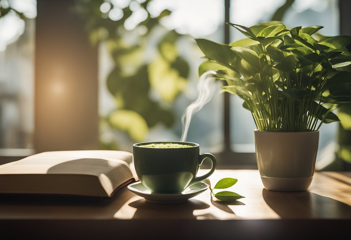 A serene morning scene with a cup of matcha tea on a cozy table, next to a book and a potted plant. Sunlight streams in through a window, casting a warm glow over the peaceful setting