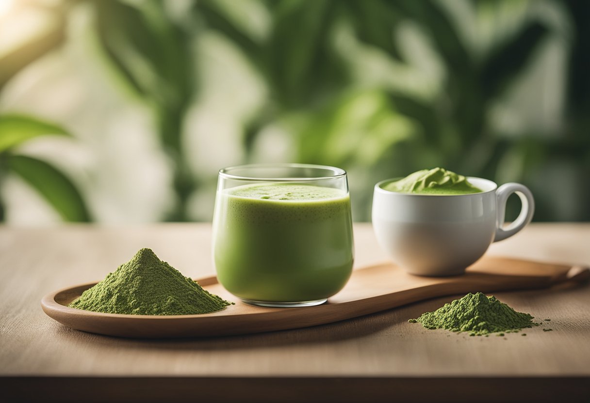 A serene morning scene with a cup of matcha tea on a table, a matcha latte being prepared, and matcha powder being added to a smoothie