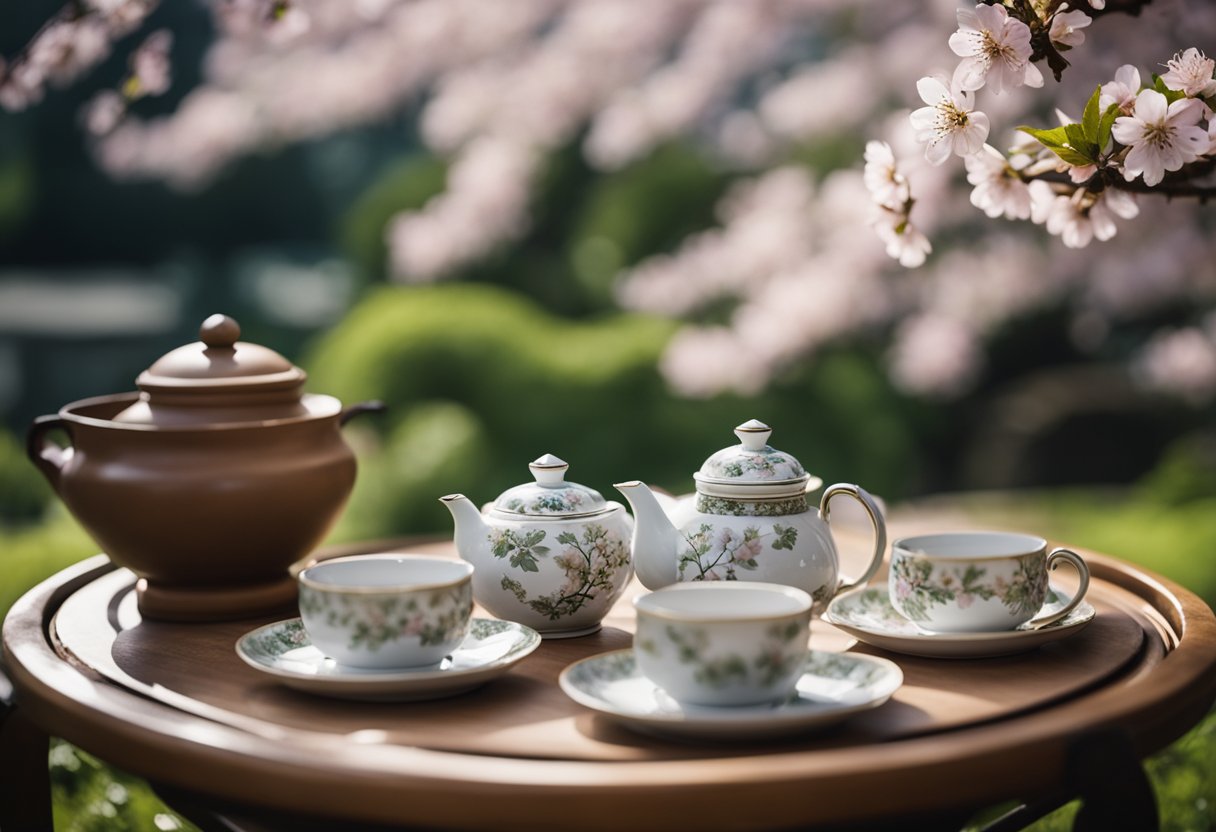 A serene setting with a traditional tea set on a low table, surrounded by delicate cherry blossoms and a tranquil garden backdrop