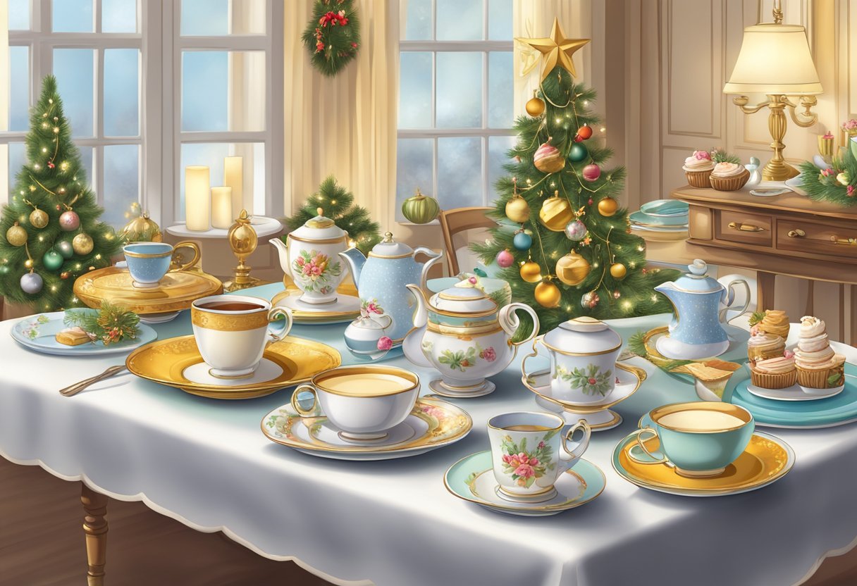 A beautifully set table with festive tea cups, saucers, and a variety of holiday-themed decorations