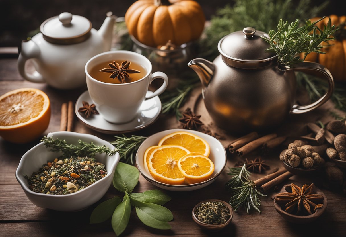 A cozy kitchen table adorned with an assortment of dried herbs, fruits, and spices. A steaming teapot and cups await as a festive Thanksgiving tea blend is carefully crafted