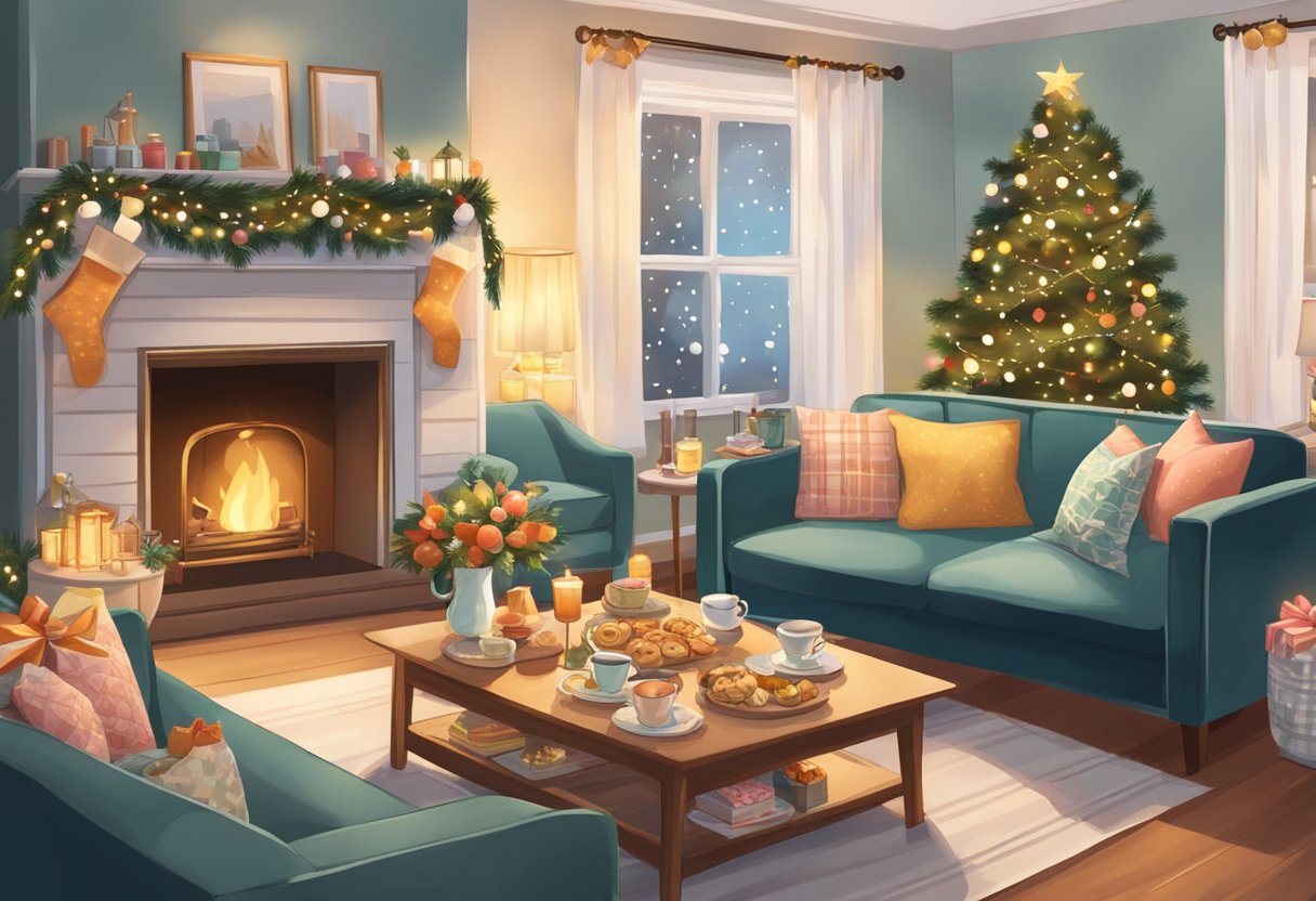 A cozy living room adorned with twinkling lights, a crackling fireplace, and a beautifully set table with an array of festive holiday tea party treats and decorations