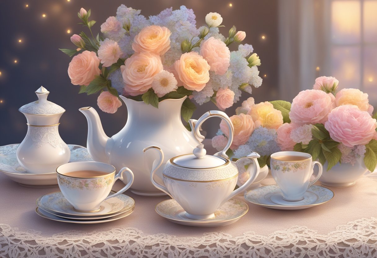 A cozy tea party setting with a vintage teapot, delicate cups, and saucers arranged on a lace tablecloth, surrounded by blooming flowers and soft candlelight