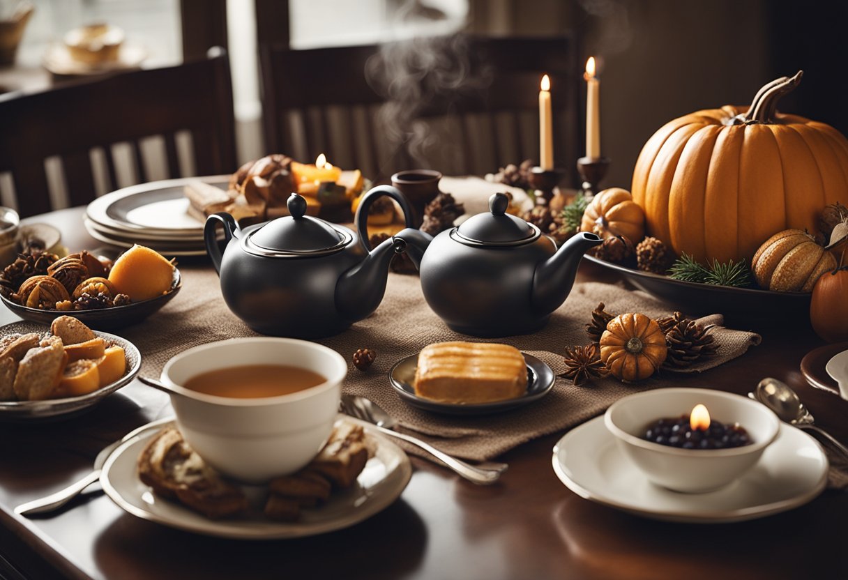 A cozy Thanksgiving table set with a steaming teapot, festive decorations, and delicious treats