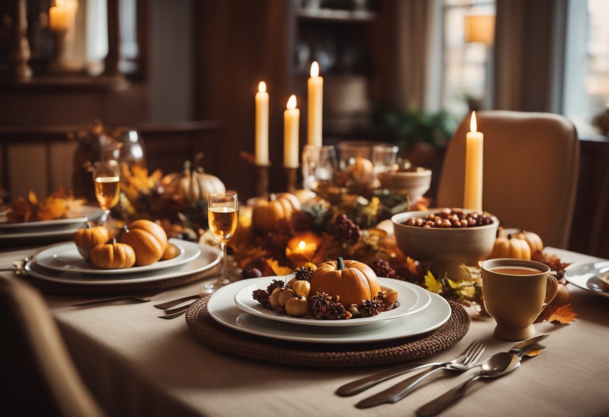 A cozy Thanksgiving table set with tea-infused dishes and decorative elements, surrounded by autumn foliage and warm lighting