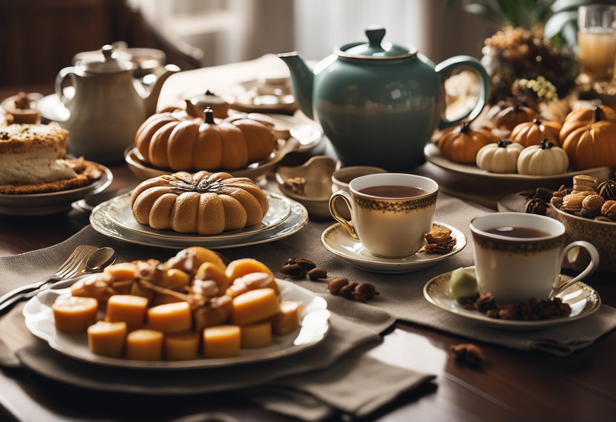 A cozy Thanksgiving table set with tea-themed decor, steaming teapots, and an array of tea-infused dishes and desserts