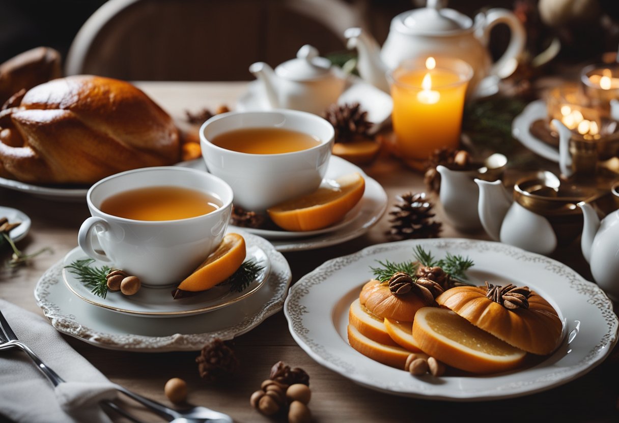 A cozy Thanksgiving table with steaming cups of tea, festive decorations, and delicious dishes