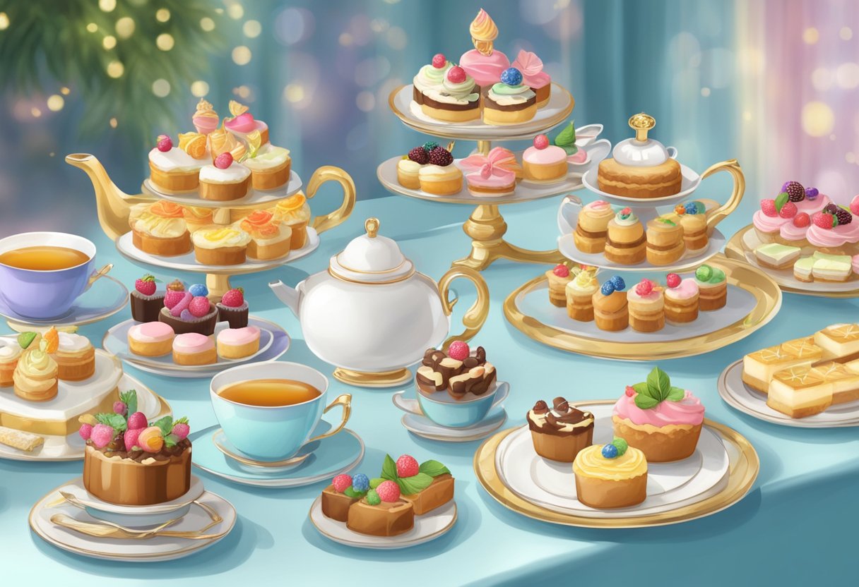 A festive table adorned with an array of delectable tea party treats, including delicate pastries, finger sandwiches, and assorted sweets