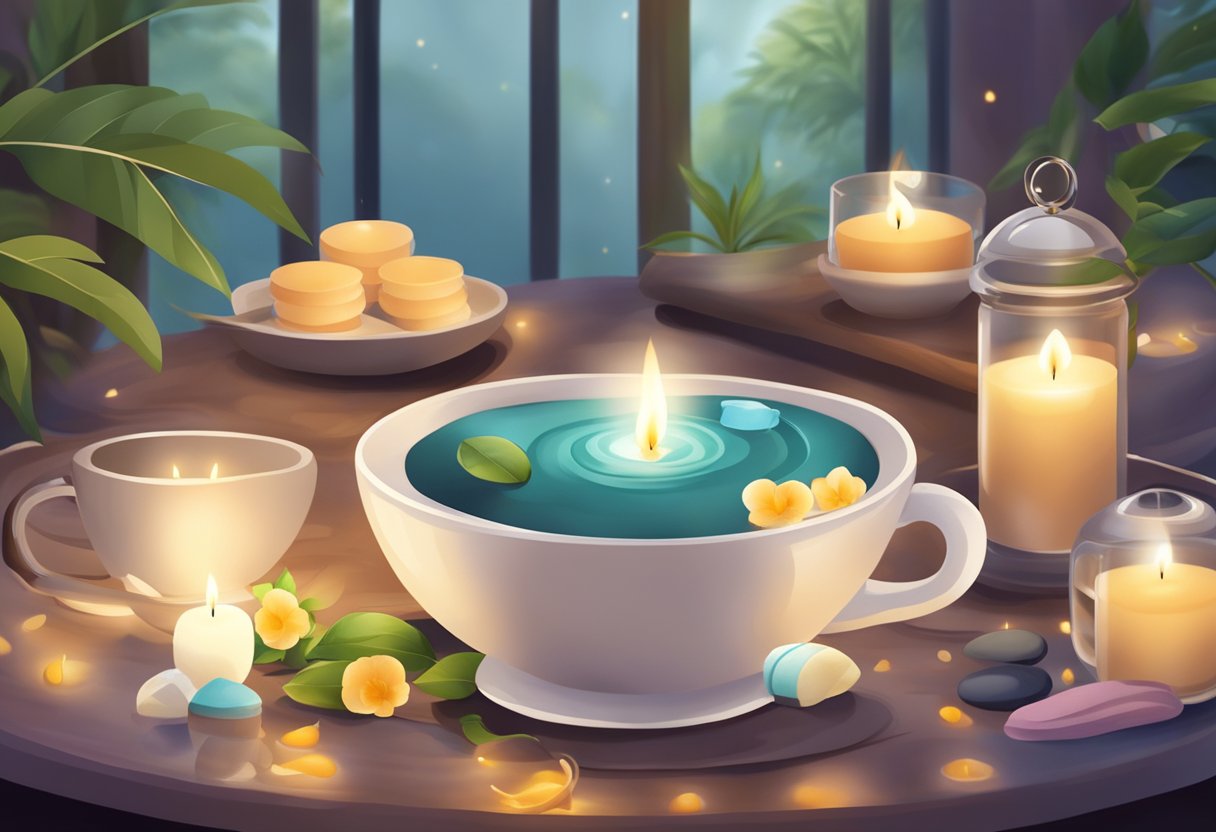 A serene spa setting with tea cups, aromatic candles, and soft towels, surrounded by friends enjoying relaxation and rejuvenation