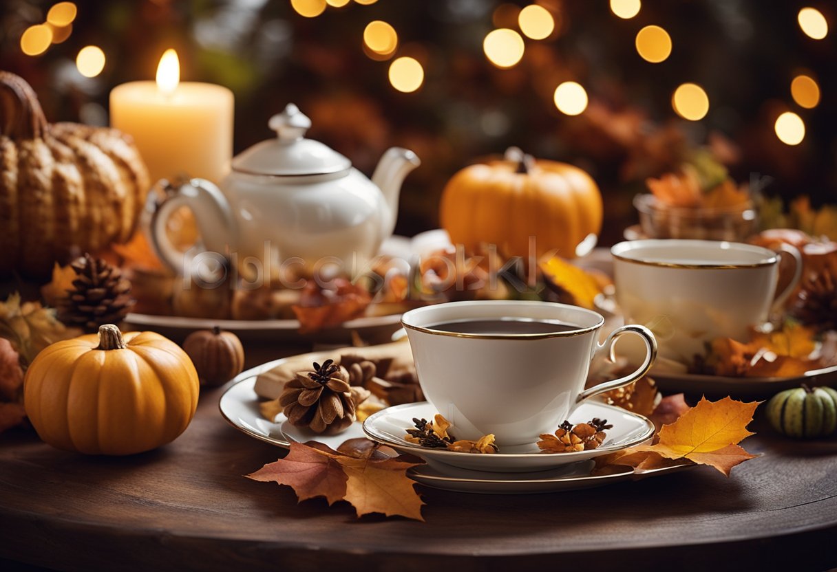 A table set with an assortment of tea cups, teapots, and festive Thanksgiving-themed treats, surrounded by autumn foliage and warm candlelight