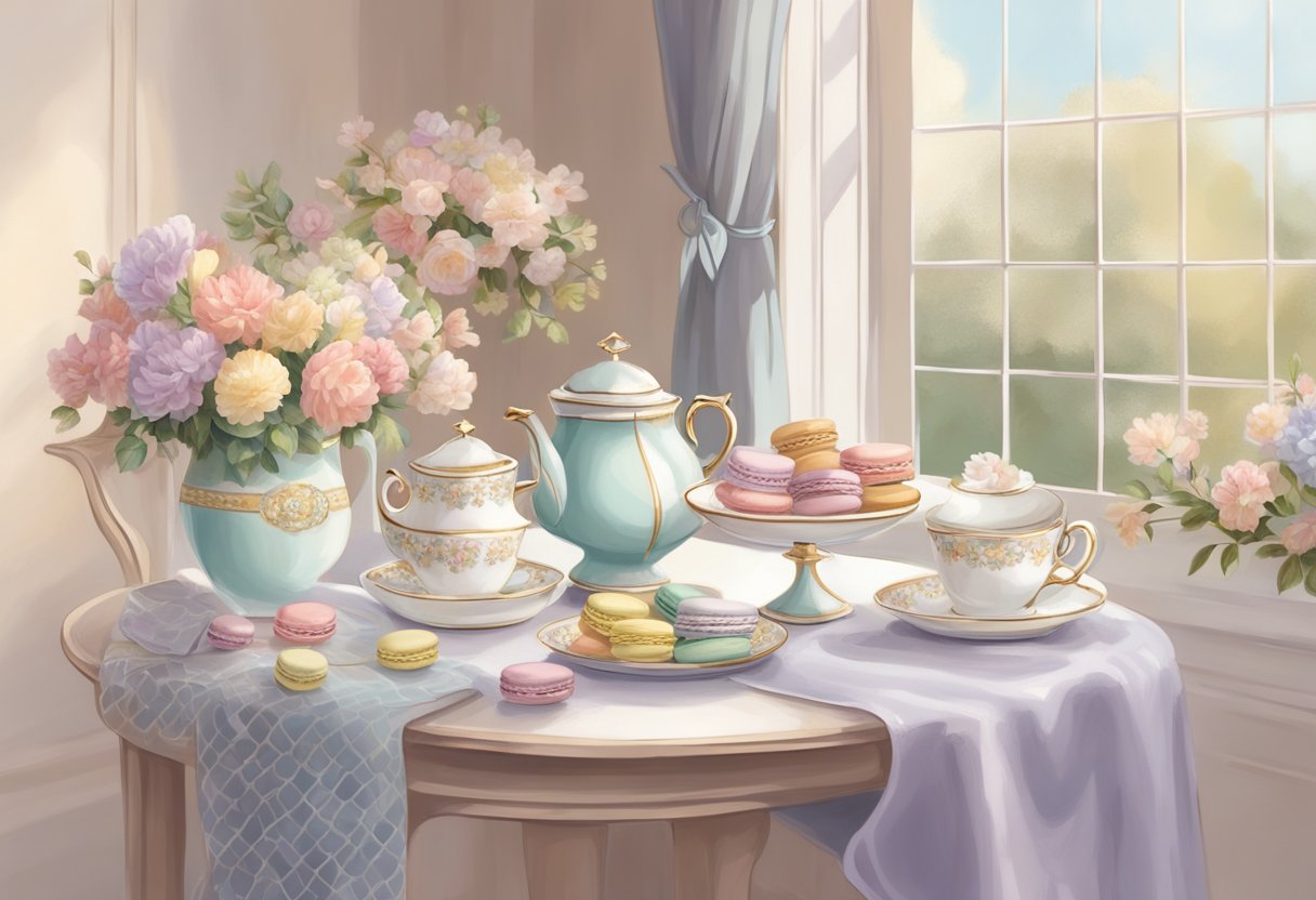 A table set with delicate teacups, pastel-colored macarons, and floral arrangements. A woman's elegant tea party dress hangs on a vintage coat rack nearby