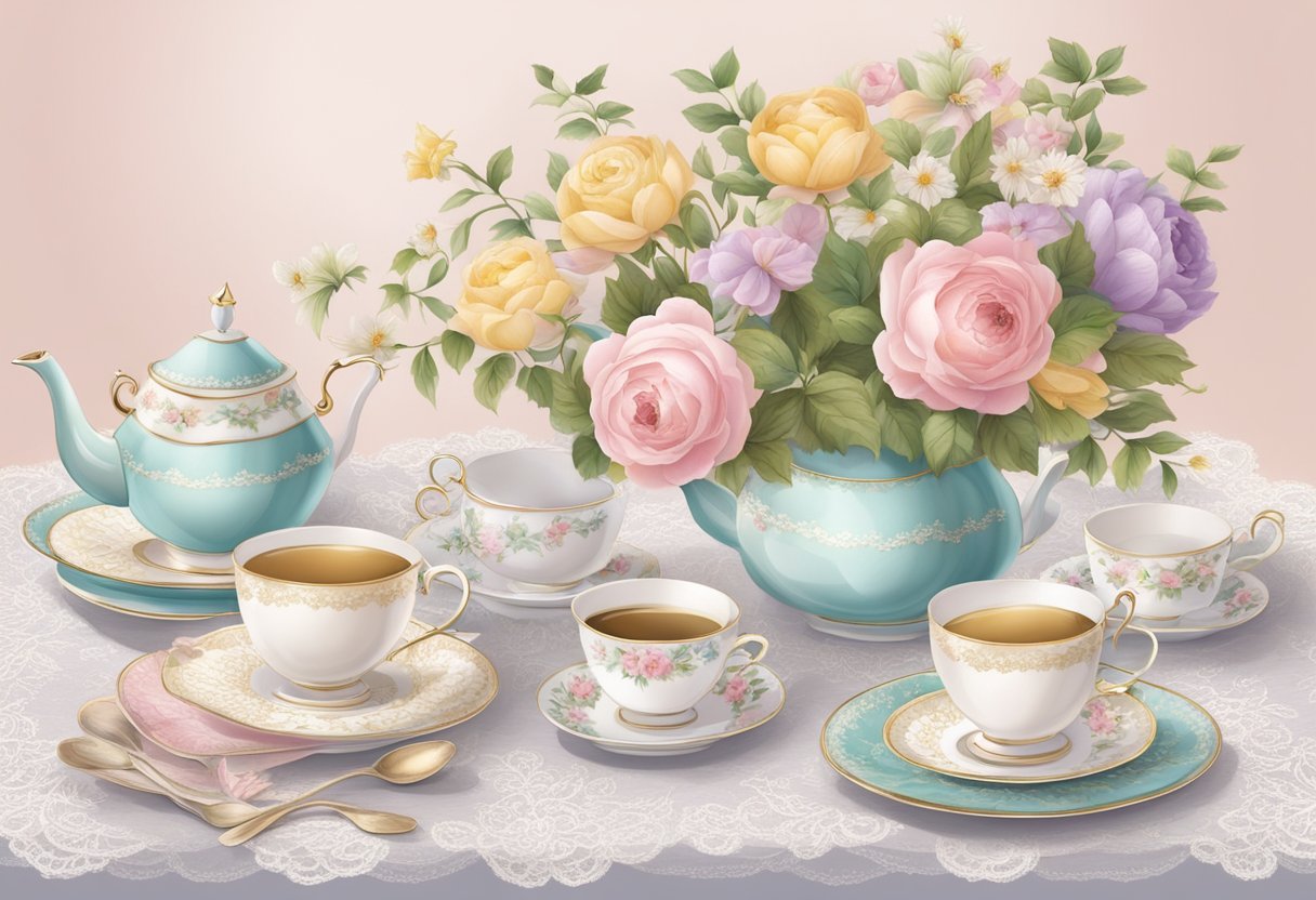 A table set with delicate teacups, saucers, and pastel-colored teapots surrounded by elegant floral arrangements and lace tablecloths