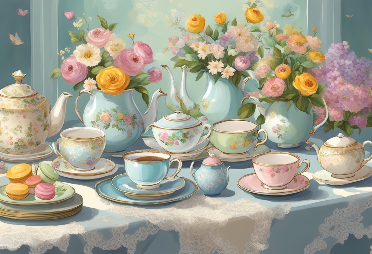 A whimsical tea party table with stacks of books, teacups, and saucers, surrounded by vintage teapots, floral arrangements, and delicate lace tablecloths