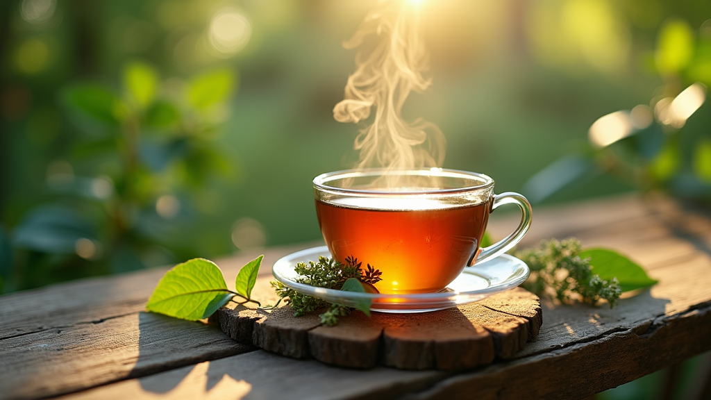 A close-up of a steaming cup of tea with natural herbs around