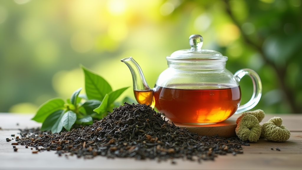 A close-up of tea leaves and a teapot surrounded by herbs