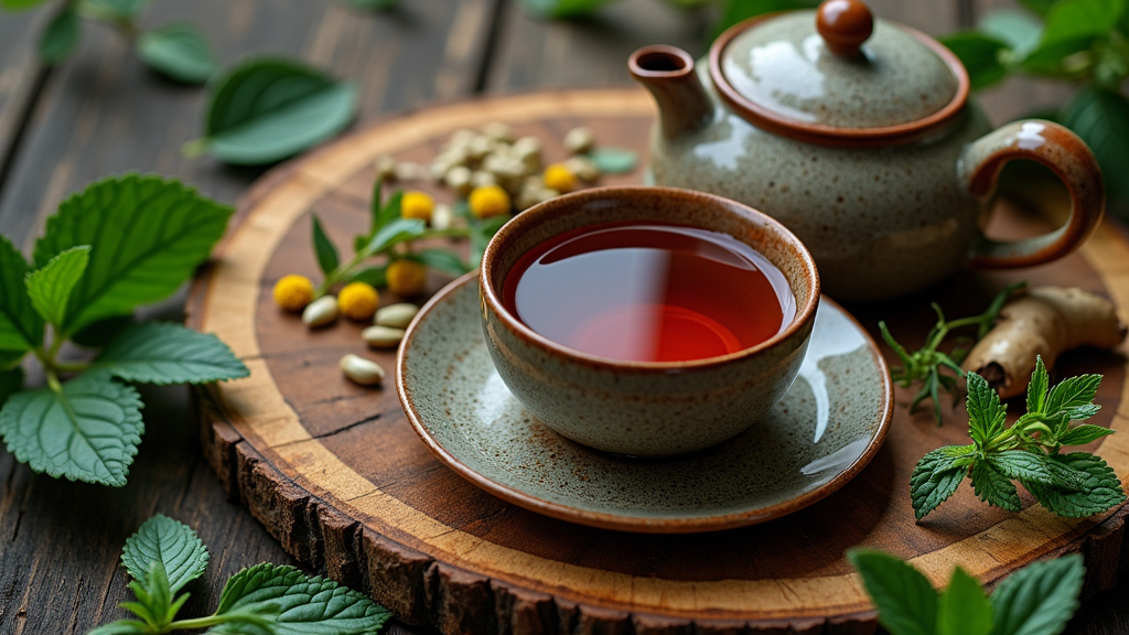 A soothing cup of herbal tea next to a small plate of natural ingredients