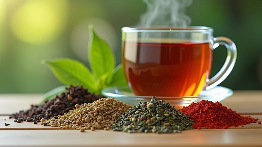 A steaming cup of herbal tea with assorted tea leaves