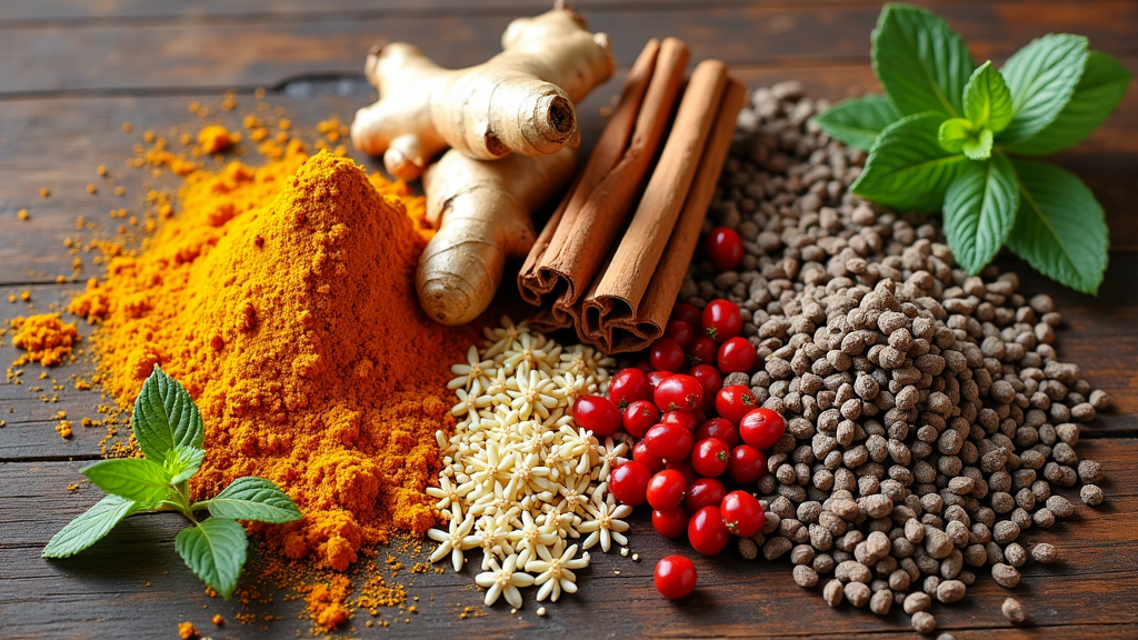 A vibrant assortment of spices including turmeric, ginger, cinnamon, and more arranged on a rustic wooden table