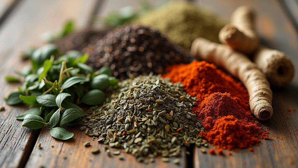 Herbal tea ingredients on a wooden table